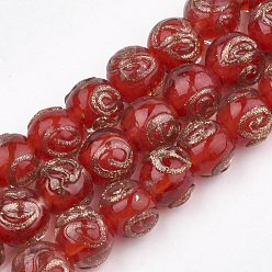 Rouge Perles au chalumeau de sable d'or faites à la main , ronde, rouge, 10~11x9~9.5mm, Trou: 1.5~2mm