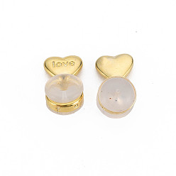 Real 18K Gold Plated Silicone Ear Nuts, Earring Backs, with Brass Findings, Heart with Word Love, Cadmium Free & Nickel Free & Lead Free, Real 18K Gold Plated, 11x6x5mm, Hole: 0.6mm