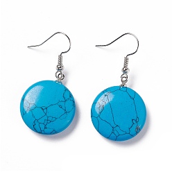 Turquoise Synthétique Boucles d'oreilles rondes plates en turquoise synthétique bleue, bijoux en laiton platine pour femme, 42mm, pin: 0.7 mm