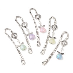Mixed Color Tibetan Style Alloy Hook Bookmarks, with Luminous Acrylic Heart & Alloy Cross, Angle Pendant Bookmark, Mixed Color, 122x22.5x2.5mm