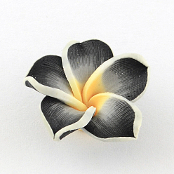 Black Handmade Polymer Clay 3D Flower Plumeria Beads, Black, 15x8mm, Hole: 2mm