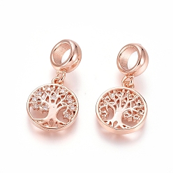Rose Gold Brass Micro Pave Clear Cubic Zirconia European Dangle Charms, Large Hole Pendants, Flat Round with Tree of Life, Rose Gold, 23mm, Hole: 5mm, Flat Round: 14x12x2mm
