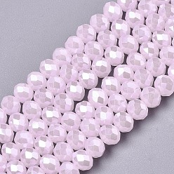 Pink Electroplate Glass Beads Strands, Imitation Jade Beads, Pearl Luster Plated, Faceted, Rondelle, Pink, 8x6mm, Hole: 1mm, about 65~68pcs/strand, 15.7~16.1 inch(40~41cm)