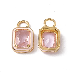 Pink Colgantes rectangulares de cristal rosa, con fornituras de latón enchapadas en oro real 18k y esmalte, sin cadmio y sin plomo y sin níquel, rosa, 15.5~16x9x3.5~4 mm, agujero: 3.3 mm