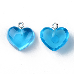 Озёрно--синий Прозрачные смоляные подвески, с платиновым тоном железная петля, сердце, Плут синий, 16.5x17x9.5 мм, отверстие : 1.8 мм