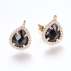 Black Brass Micro Pave Cubic Zirconia Stud Earring Findings, with Loop, Glass, Teardrop, Golden, Black, 16.5mm, Hole: 1mm, Pin: 0.8mm