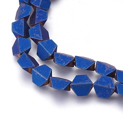 Blue Plated Electroplated Non-magnetic Synthetic Hematite Beads Strands, Frosted, Trapezoid, Blue Plated, 8x8x4mm, Hole: 1mm, about 52pcs/strand, 16.14 inch(41cm)