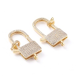 Real 18K Gold Plated Brass Micro Pave Clear Cubic Zirconia Lobster Claw Clasp, Long-Lasting Plated, Lock, Real 18K Gold Plated, 38x20x7mm, Hole: 3mm
