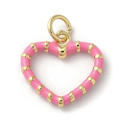 Hot Pink Brass Enamel Pendants, with Jump Ring, Long-Lasting Plated, Lead Free & Cadmium Free, Real 18K Gold Plated, Heart Charm, Hot Pink, 14x15x2mm