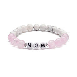 Pink Quartz rose naturel & howlite & bracelet extensible perlé acrylique, bijoux mot maman pour la fête des mères, rose, diamètre intérieur: 2-1/4 pouce (5.7 cm)