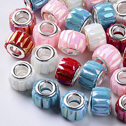 Mixed Color Opaque Resin European Beads, Large Hole Beads, with Silver Color Plated Double Brass Cores, Faceted, AB Color Plated, Column, Mixed Color, 11.5x8mm, Hole: 5mm