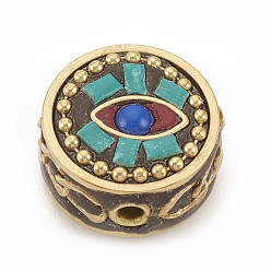 Turquoise Perles Indonésiennes manuelles, avec des apprêts en laiton brut (non plaqué), plat rond, turquoise, 17x9mm, Trou: 2mm