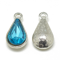 Deep Sky Blue Alloy Glass Pendants, Faceted, teardrop, Platinum, Deep Sky Blue, 18x10x5mm, Hole: 2mm