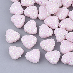 Pink Opaque Acrylic Beads, with Glitter Powder, Heart, Pink, 8x9.5x5.5mm, Hole: 1.4mm