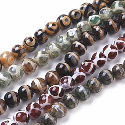 Motifs Mixtes Perles de dzi à motif mixte de style tibétain, Pierre gemme agate naturelle, teints et chauffée, ronde, couleur mixte, 8~8.5mm, Trou: 0.7mm, Environ 47 pcs/chapelet, 14.76 pouces ~ 14.96 pouces (37.5~38 cm)