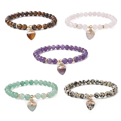 Mixed Stone Natural Mixed Gemstone Round Beaded Stretch Bracelets, with Heart Charms, Inner Diameter: 2-1/8~2-1/4 inch(5.4~5.6cm)