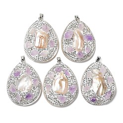 White Baroque Natural Freshwater Shell Polymer Clay Rhinestone Big Pendants, Teardrop Charms with Platinum Plated Brass Snap on Bails, White, 54x41x12.5mm, Hole: 6x4.5mm