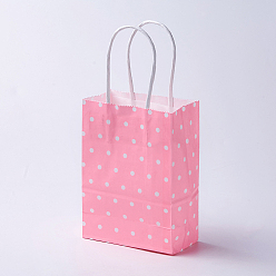 Pink Sacs en papier kraft, avec poignées, sacs-cadeaux, sacs à provisions, rectangle, motif de points de polka, rose, 21x15x8 cm