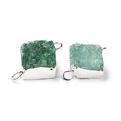 Green Natural Druzy Quartz Links connectors, with Brass Findings, Square, Silver, Green, 16~18x13~14x6~8mm, Hole: 2mm