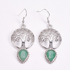 Green Aventurine Brass Dangle Earrings, Natural Green Aventurine, Faceted, Hollow Flat Round with Tree of Life and Teardrop, Platinum, 66mm, Pin: 0.6mm
