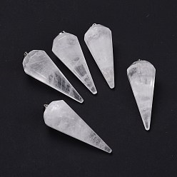 Cristal de Quartz Pendeloques de cristal de quartz naturel, pendentifs en cristal de roche, avec les accessoires en laiton, facette, cône / pic / pendule, platine, 42~44x15~16mm, Trou: 3.6x4mm