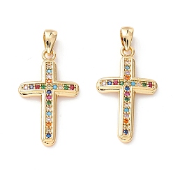 Real 18K Gold Plated Brass Micro Pave Colorful Cubic Zirconia Pendants, Long-Lasting Plated, Lead Free & Cadmium Free & Nickel Free, Cross, Real 18K Gold Plated, 22x13x2.5mm, Hole: 2.5x3.5mm