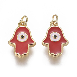 Red Enamel Charms, with Brass Findings and Cubic Zirconia, Hamsa Hand/Hand of Fatima/Hand with Eye, Golden, Red, 14.5x10x2mm, Hole: 3mm