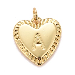 Letter A Rack Plating Real 18K Gold Plated Brass Pendants, with Jump Rings, Long-Lasting Plated, Lead Free & Cadmium Free & Nickel Free, Heart with Letter A~Z, Letter.A, 16x15x2.5mm, Jump Ring: 5x0.5mm, 3mm Inner Diameter