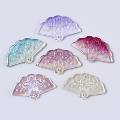 Mixed Color Transparent Spray Painted Glass Pendants, with Glitter Powder or AB Color Plated, Fan, Mixed Color, 20x34.5x3.5mm, Hole: 1.2mm