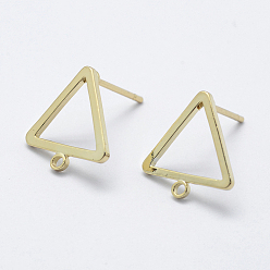 Real 18K Gold Plated Brass Stud Earring Findings, with Loop, Long-Lasting Plated, Real 18K Gold Plated, Nickel Free, Triangle, 12.5x12x1mm, Hole: 1mm, Pin: 0.8mm