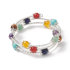 Coloré Bracelet enroulé à trois boucles avec perles rondes et pierres précieuses mélangées naturelles et synthétiques pour femme, colorées, diamètre intérieur: 2-1/4 pouce (5.7 cm)