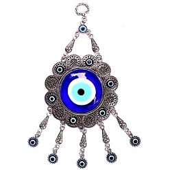 Flower Glass Turkish Blue Evil Eye Blessing Amulet Wall Hanging Decor, with Alloy Flower Charm, 300mm