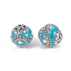 Turquoise Foncé Perles Indonésiennes manuelles, avec strass et les accessoires en laiton, ronde, argent antique, turquoise foncé, 15~17x15~15.5mm, Trou: 1.5mm