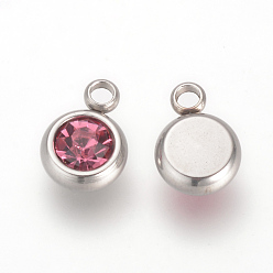 Rosa 201 encantos de diamantes de imitación de acero inoxidable, encantos de piedra de nacimiento de octubre, plano y redondo, color acero inoxidable, rosa, 8.5x6x3 mm, agujero: 1.5 mm