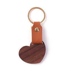 Heart Wooden & Imitation Leather Pendant Keychain, with Iron Rings, Heart, 10cm