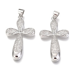 Real Platinum Plated Brass Micro Pave Clear Cubic Zirconia Pendants, Cross, Real Platinum Plated, 31x19x3mm, Hole: 3mm