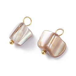 White Natural Dyed Shell Charms, with Golden Tone Brass Loops, Irregular Shapes, White, 13~14x7~13x5~10.5mm, Hole: 3~3.5mm
