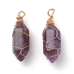 Amethyst Natural Amethyst Pendants, with Real 18K Gold Plated Eco-Friendly Copper Findings, Bullet, 27x9mm, Hole: 1.8mm