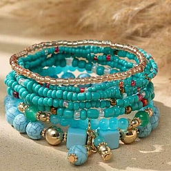 Синий 11шт набор эластичных браслетов из бисера в стиле бохо, многослойные составные браслеты, красочные браслеты серфера с подвесками из бисера для женщин, синие, внутренний диаметр: 1-3/4~2-1/8 дюйм (4.5~5.5 см)