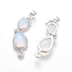 Opalite Opalite Kitten Pendants, with Platinum Tone Brass Findings, Cat with Bowknot Shape, 35.5x12x6mm, Hole: 5x7mm