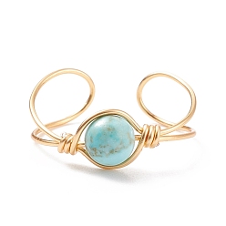 Synthetic Turquoise Synthetic Turquoise Round Beaded Open Cuff Ring, Copper Wire Wrap Gemstone Jewelry for Women, Golden, US Size 9(18.9mm)