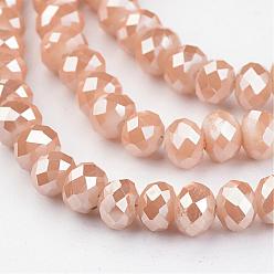 Bisque Electroplate Glass Beads Strands, Imitation Jade, Pearl Luster Plated, Faceted Rondelle, Bisque, 6x4mm, Hole: 1mm, about 100pcs/strand, 15.7 inch