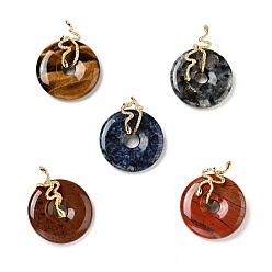 Mixed Stone Natural Mixed Stone Pendants, with Ion Plating(IP) Golden Tone 304 Stainless Steel Findings, Snake with Donut/Pi Disc Charm, 37~40x30x12~13mm, Hole: 10.5x2mm