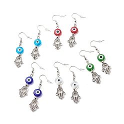 Mixed Color Lampwork Evil Eye with Hamsa Hand Dangle Earrings, Alloy Jewelry for Women, Mixed Color, 50mm, Pin: 0.7mm