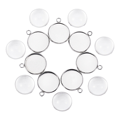 Stainless Steel Color DIY Pendants Making, 304 Stainless Steel Pendant Cabochon Settings and Half Round Clear Glass Cabochons, Stainless Steel Color, Tray: 16mm, 21.5x17.5x2mm, Hole: 2mm, 1pc/set, 16x8mm, 1pc/set