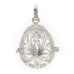 Platinum Rack Plating Brass Cage Pendants, For Chime Ball Pendant Necklaces Making, Hollow Teardrop with Flower, Platinum, 34x27x22mm, Hole: 3mm, inner measure: 24x18mm