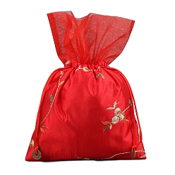 Roja Bolsas de flores con bordado de seda, bolsa con cordón, Rectángulo, rojo, 25x16 cm