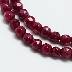 Dark Red Natural White Jade Bead Strands, Dyed, Faceted, Round, Dark Red, 4mm, Hole: 1mm, about 88~89pcs/strand, 14.37~14.57 inch(36.5~37cm)