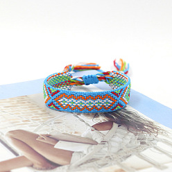 Deep Sky Blue Polyester Braided Rhombus Pattern Cord Bracelet, Ethnic Tribal Adjustable Brazilian Bracelet for Women, Deep Sky Blue, 5-7/8 inch(15cm)