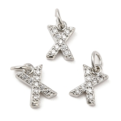 Real Platinum Plated Brass Micro Pave Grade AAA Cubic Zirconia Charms, Letter X, Cadmium Free & Nickel Free & Lead Free, Real Platinum Plated, 8x6x1.5mm, Hole: 2mm
